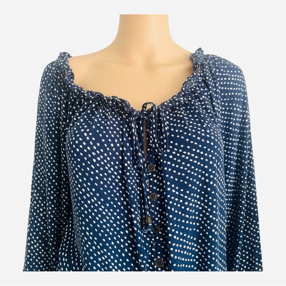 Jolt semi-formal/ casual top blouse M navy white polkadot ruched neck buttons - Picture 4 of 13